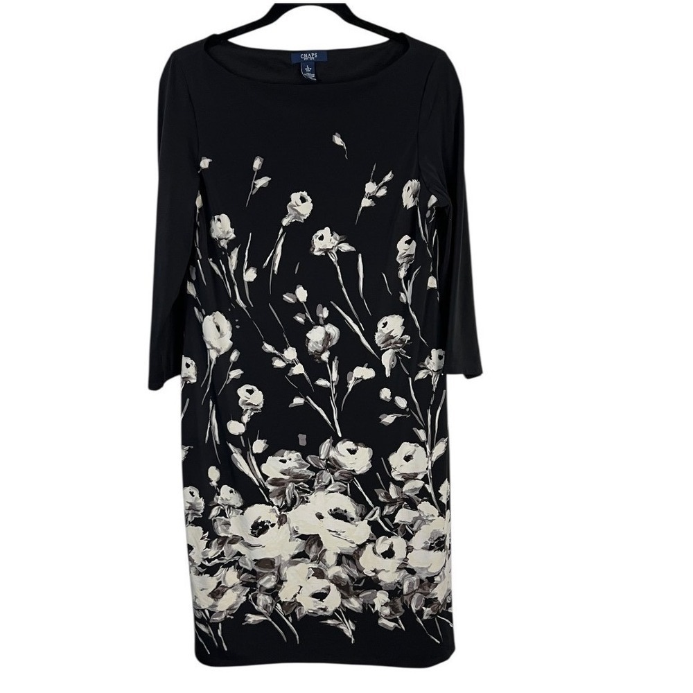 Chaps Women's Black Floral Sheath Dress 3/4 Sleeve Boat Neck Size L